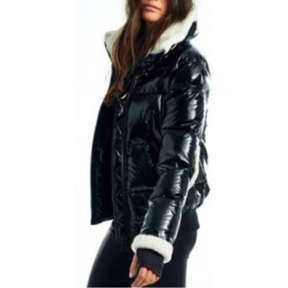 New SAM. Nikki Quilted Down Puffer Lamb Shearling Trim Glossy Black Coat Size S - Picture 16 of 16